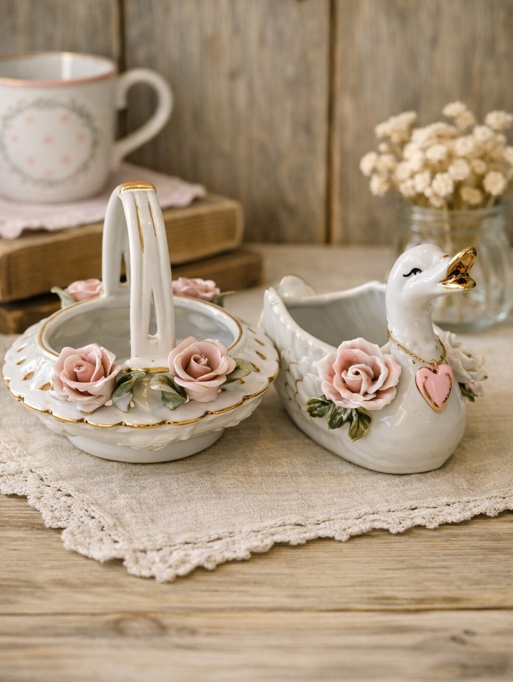 Vintage Porcelain Swan & Basket Set — Floral Accents with Gold Trim